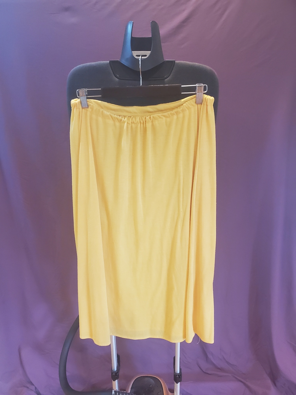 Vintage Yellow Knit Pull-On Midi Skirt Elastic Waist Gathered A-Line Retro